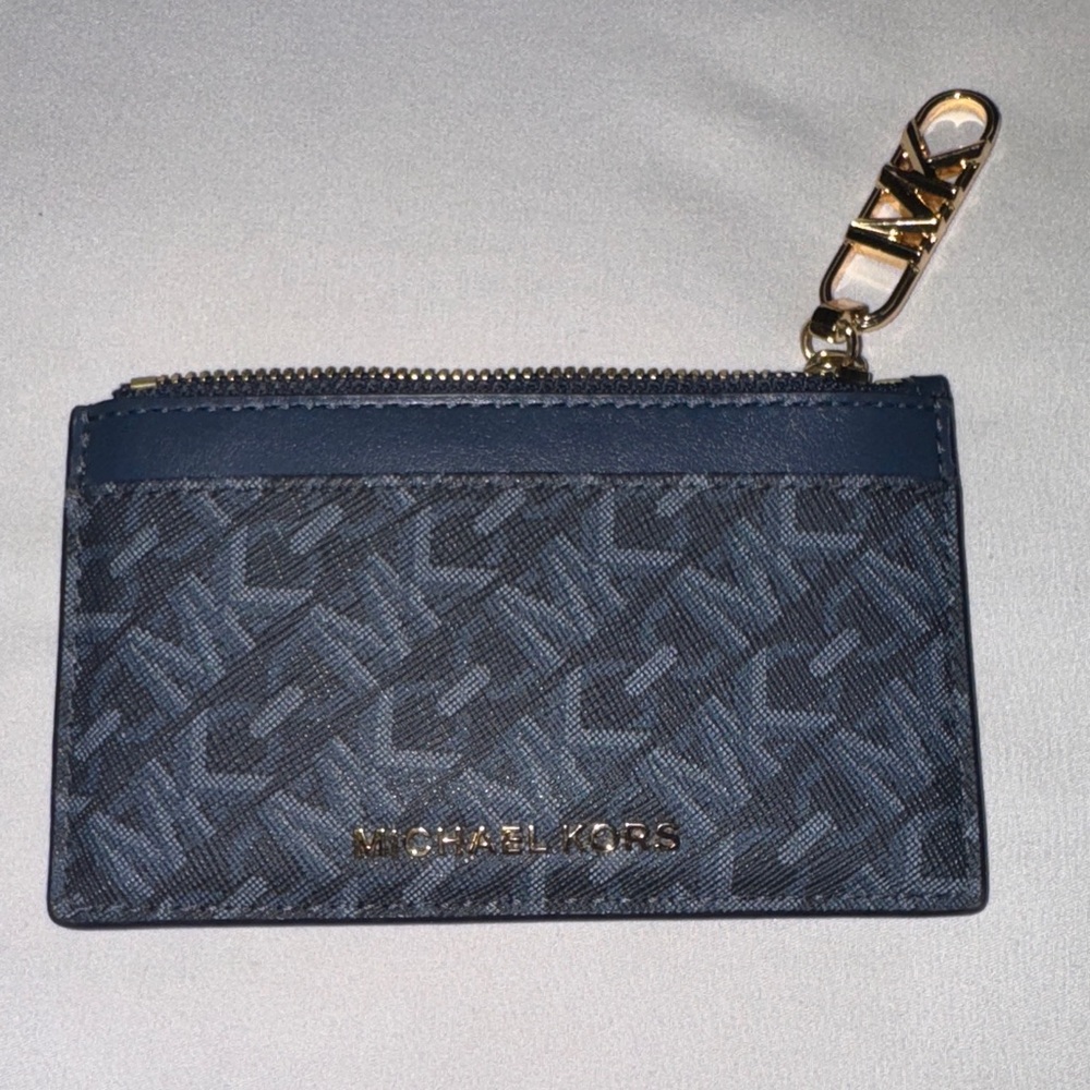 Michael Kors Blue Monogram Card Holder with Gold Accent